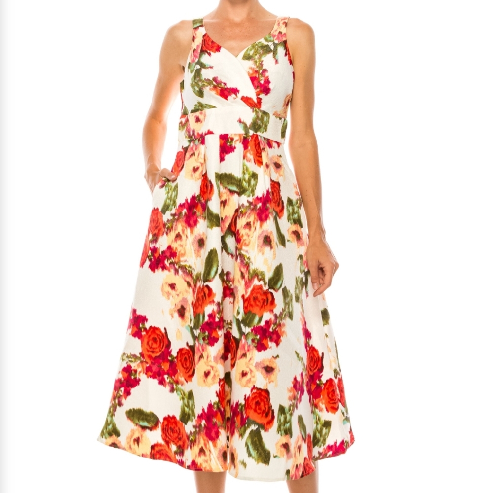 DANNY & NICOLE IVORY CORAL FLORAL SLEEVELESS BOUFFANT MIDI DRESS Size 18